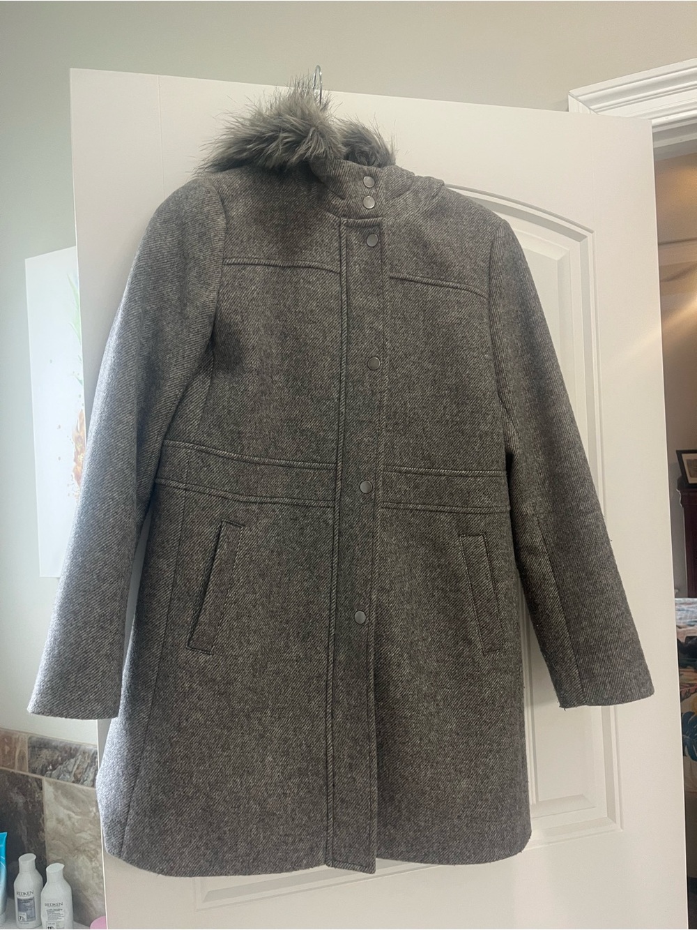 Loft Women’s Gray Wool-Blend Hooded Coat with Faux Fur Trim